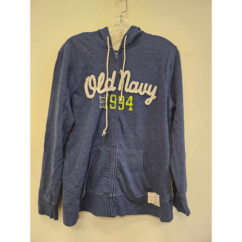 Old Navy Heritage Fleece Full Zip Hoodie Navy Blue Logo Sweatshirt Womens Large
